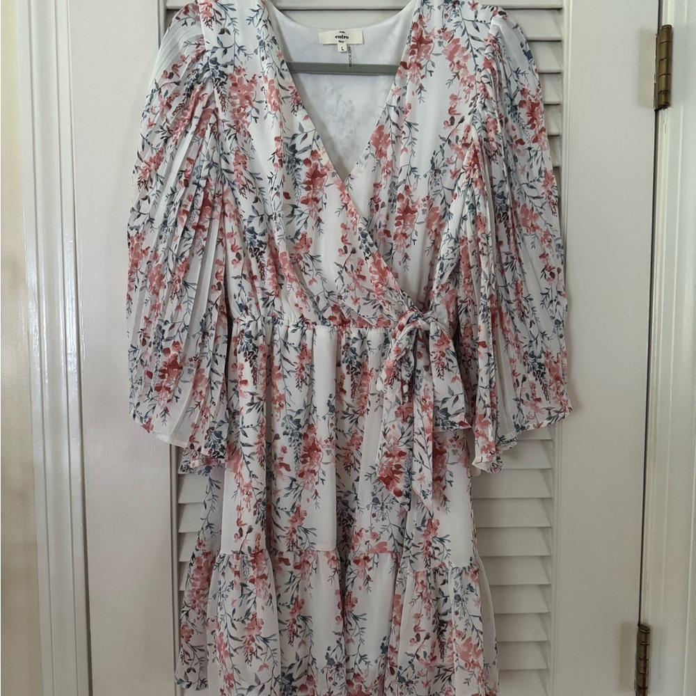 Entro White, Blue, Pink, Cream Sundress with Bell Sleeves and V-Neck